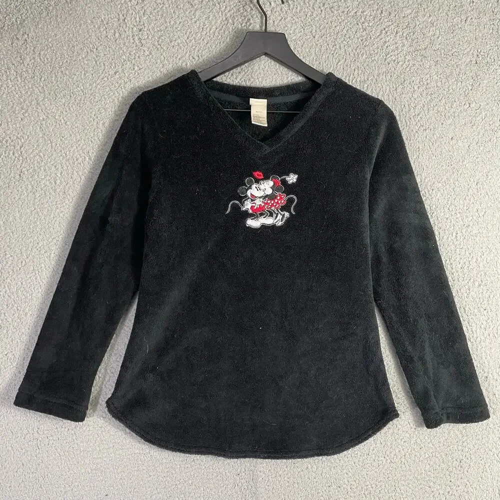 Disney Mickey Minnie Women S Fleece Pajama Set V-Neck Top Print Pants Sleepwear - Picture 2 of 8